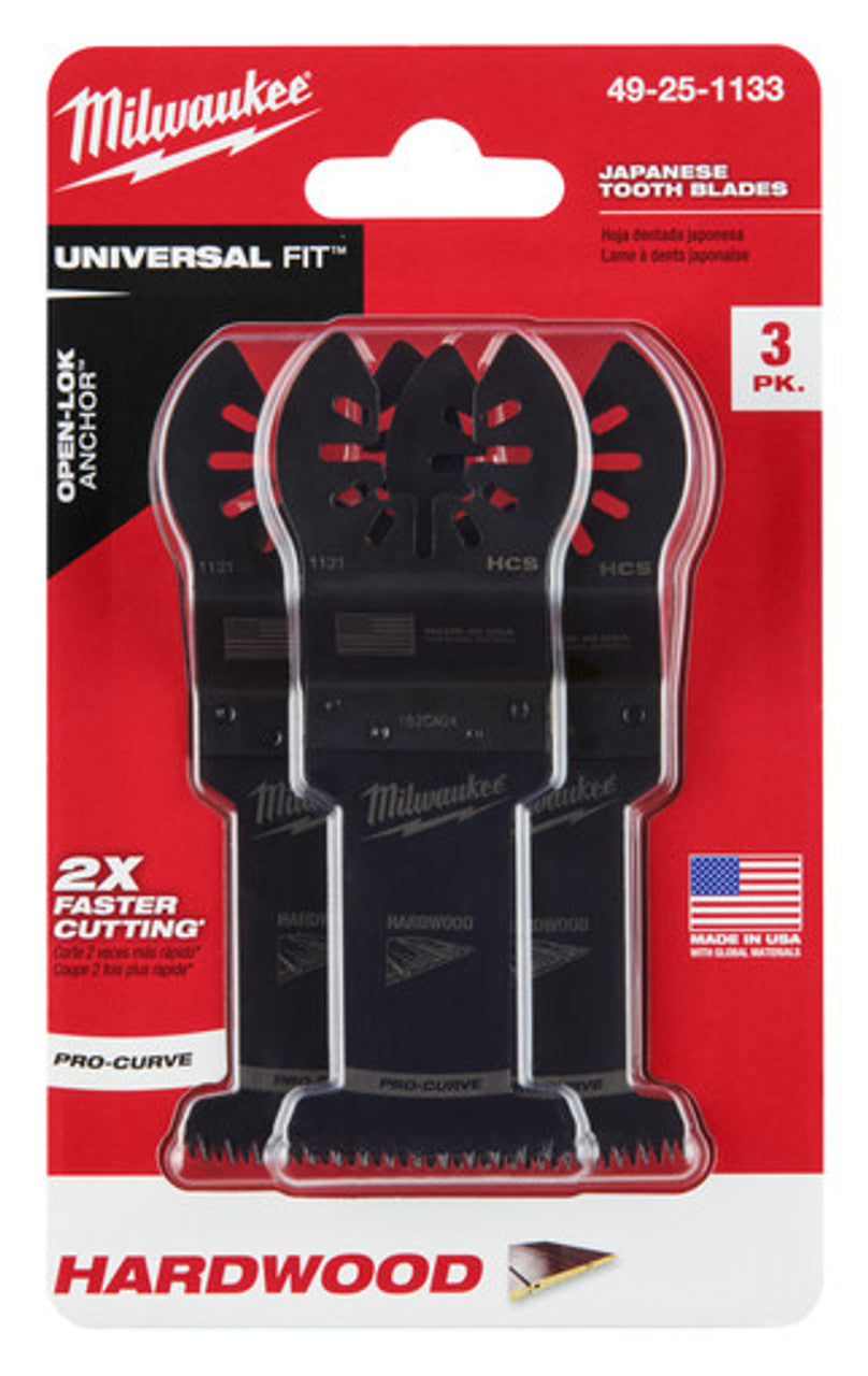 Milwaukee, 49-25-1133 MILWAUKEE® OPEN-LOK™ 1-3/8" HCS Japanese Tooth PRO-CURVE™ Hardwood Multi-Tool Blades (3 pk)