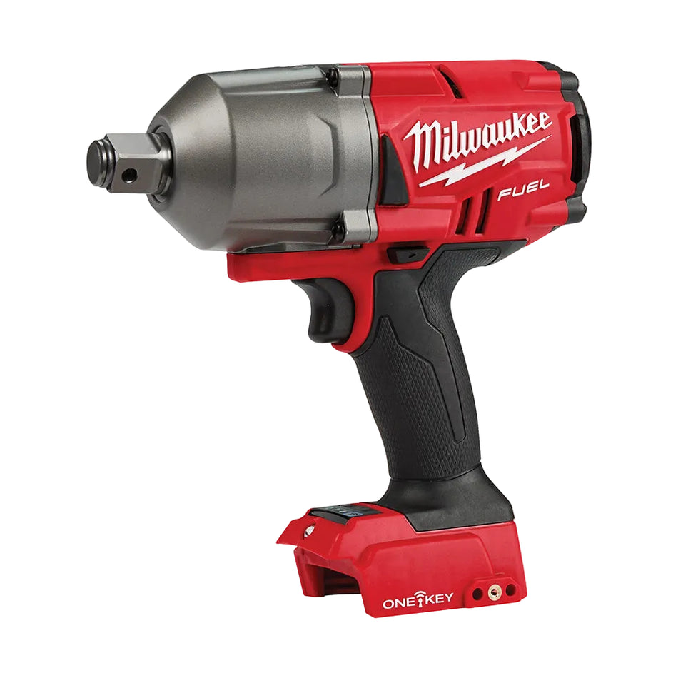 Milwaukee branded red and black cordless impact wrench with a friction ring, designed for high torque applications.