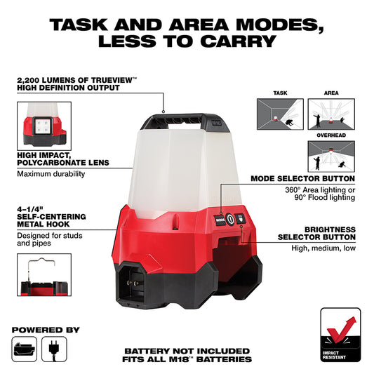 Milwaukee, 2144-20 M18 18 Volt Lithium-Ion Cordless RADIUS Compact Site Light with Flood Mode (Tool Only)