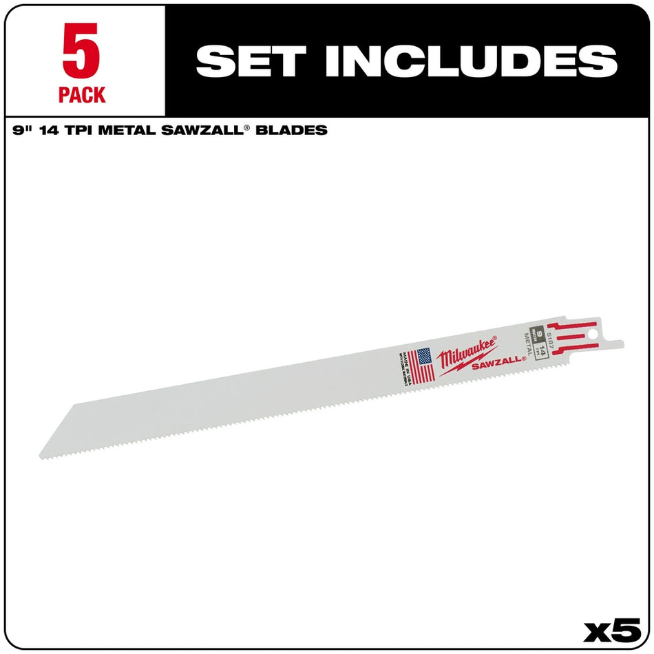 Milwaukee, 48-00-5187 Lames SAWZALL à trait fin, 9 po, 14 TPI (paquet de 5)