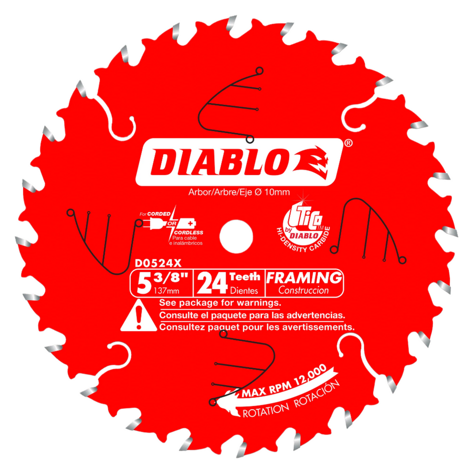 Freud D0524X Diablo 5-3/8-Inch 24 Tooth ATB Framing Cordless Trim Saw Blade with 10mm Arbor