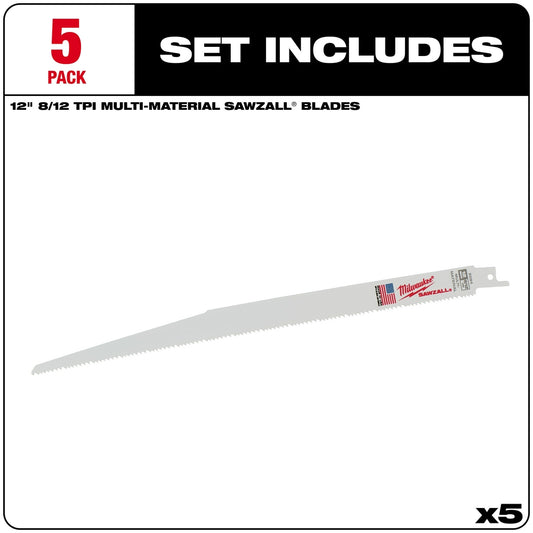 Milwaukee, 48-00-5094 12 in. 8/12 TPI SAWZALL Blades (5 pk)