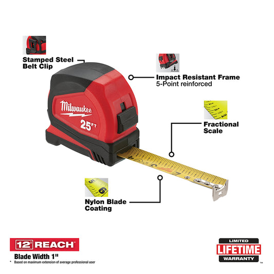 MIlwaukee, 48-22-6625 25ft Compact Tape Measure