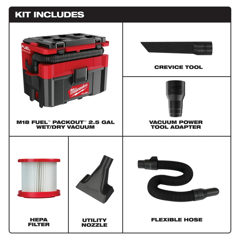 Milwaukee, 0970-20 M18 FUEL PACKOUT 2.5 Gallon Wet/Dry Vacuum  - Tool Only