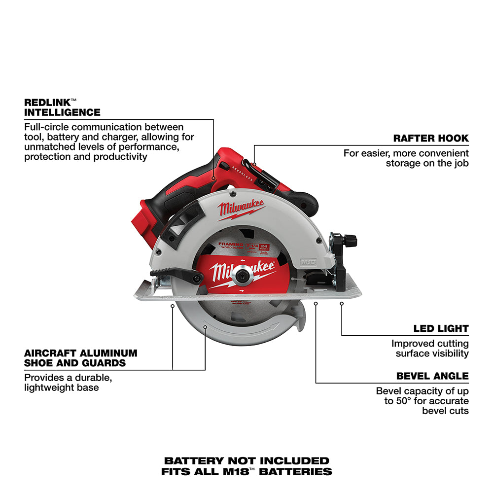 Milwaukee, 2631-20 M18 18 Volt Lithium-Ion Cordless Brushless 7-1/4 in. Circular Saw - Tool Only