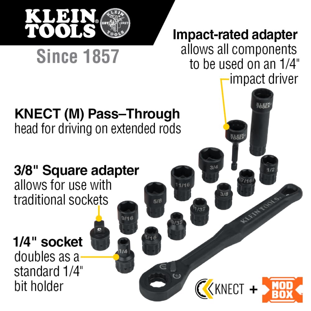 Klein Tools KNECT 3/8-Inch Drive Impact-Rated Pass Through Socket Set, 15-Piece Model # 65400