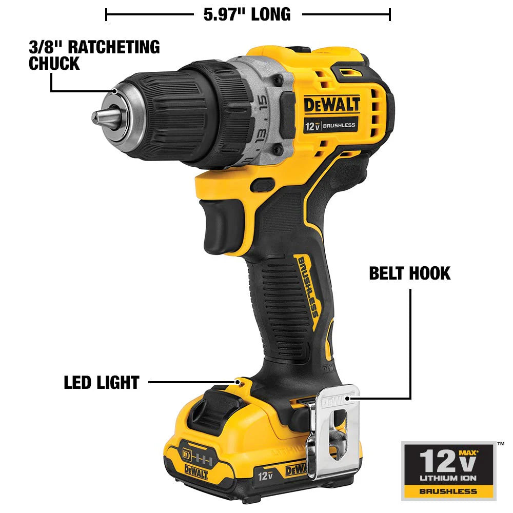 DEWALT 12V MAX XTREME Compact Brushless 3/8 in. Cordless Drill/Driver Kit, 2-Speed , 15 Clutch Settings (DCD701F2)