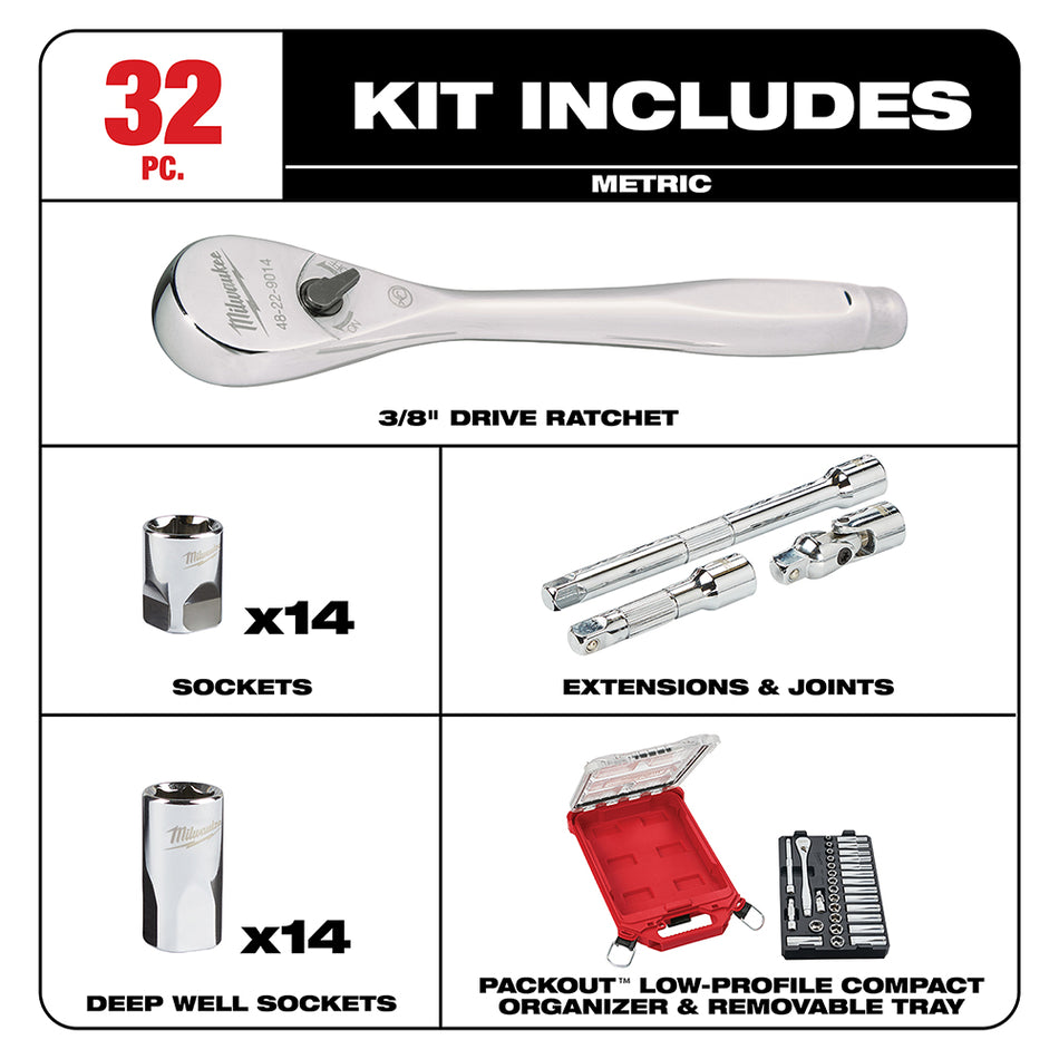 Milwaukee 48-22-9482 PACKOUT Jeu de cliquets et douilles métriques 3/8″ 32 pièces