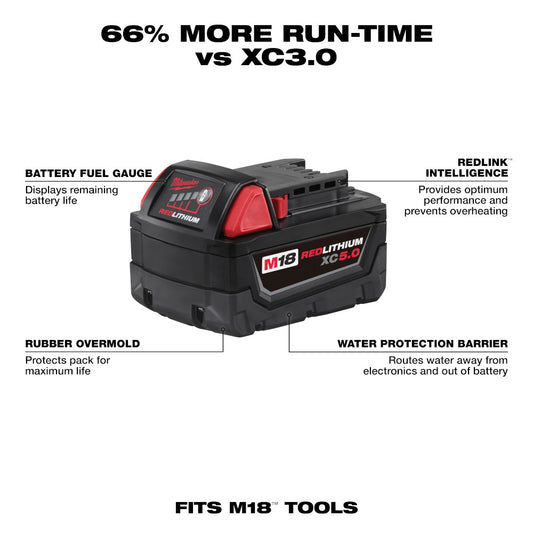 Milwaukee, 48-11-1852 M18 REDLITHIUM XC 5.0Ah Extended Capacity Battery Pack (2 Piece)