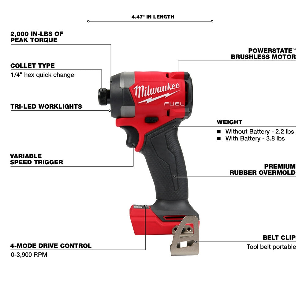 Milwaukee, 2953-20 M18 FUEL 18 Volt Lithium-Ion Brushless Cordless 1/4 in. Hex Impact Driver - Tool Only