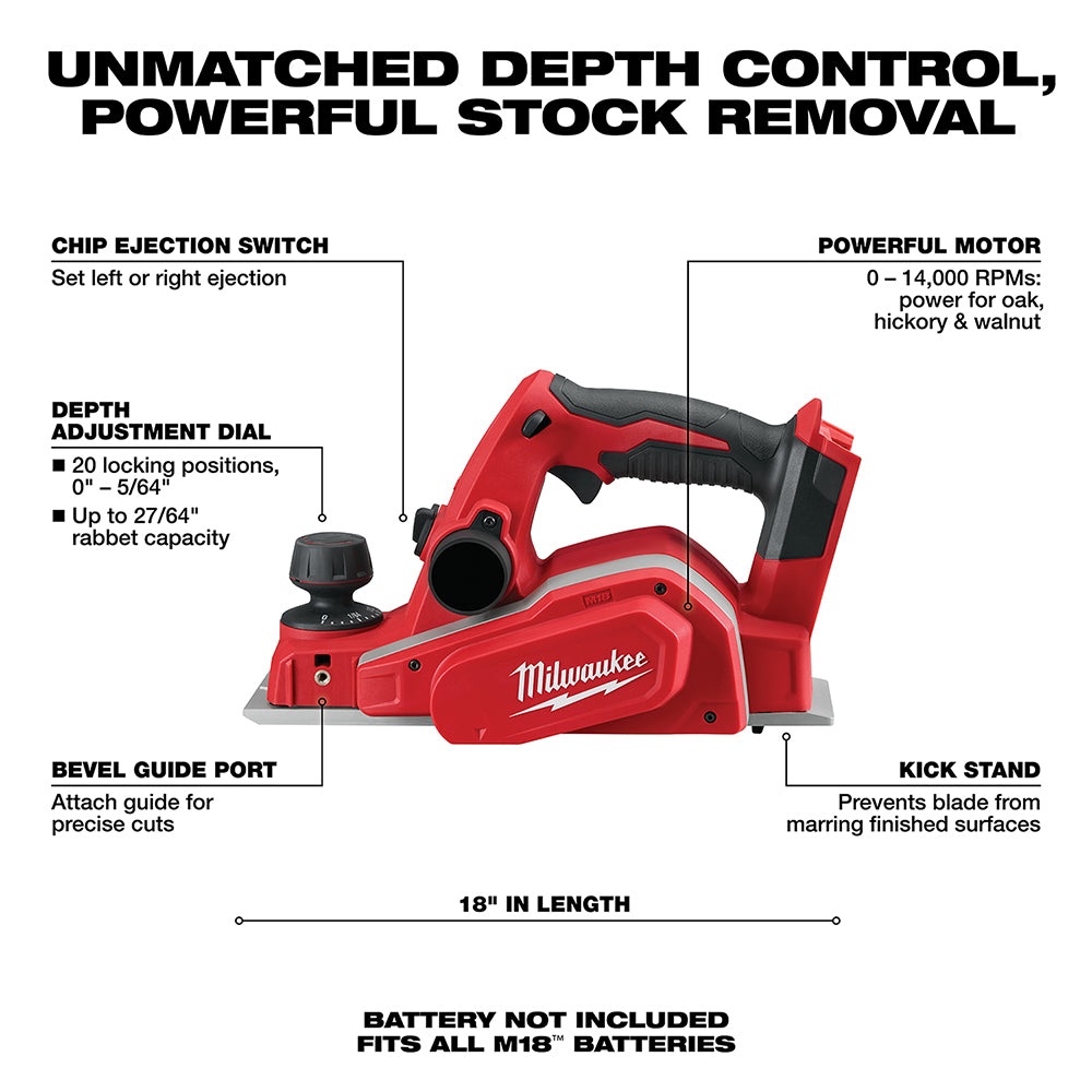 Milwaukee, 2623-20 M18 Raboteuse sans fil au lithium-ion 18 volts de 3-1/4 po