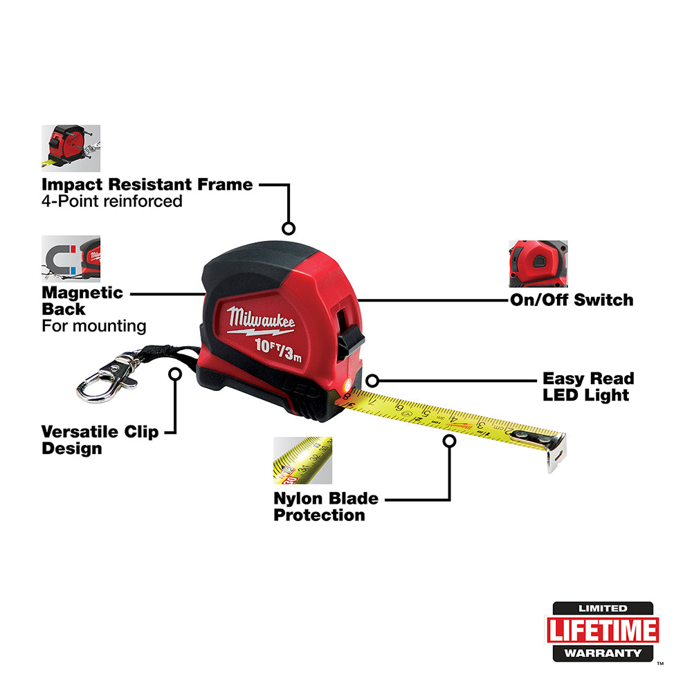 Milwaukee, 48-22-6601 Milwaukee 10ft / 3m Keychain Tape Measure with LED