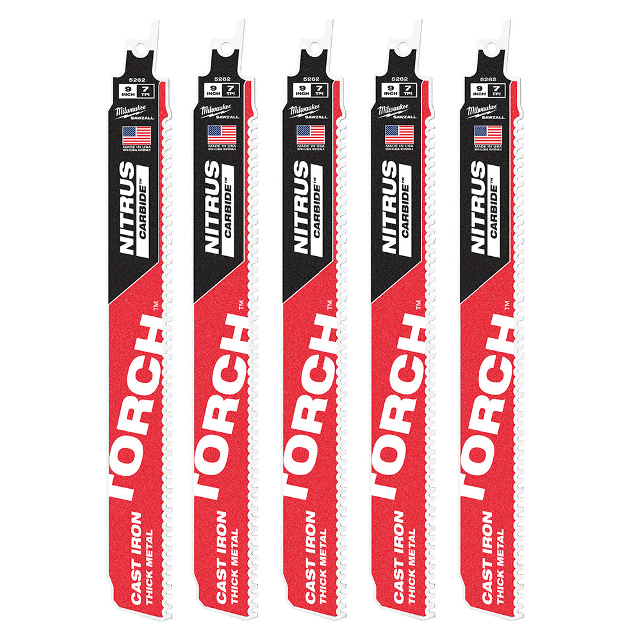 Milwaukee 48-00-5562 9″ 7TPI TORCH™ SAWZALL® Blades with NITRUS CARBIDE™ 5-Pack