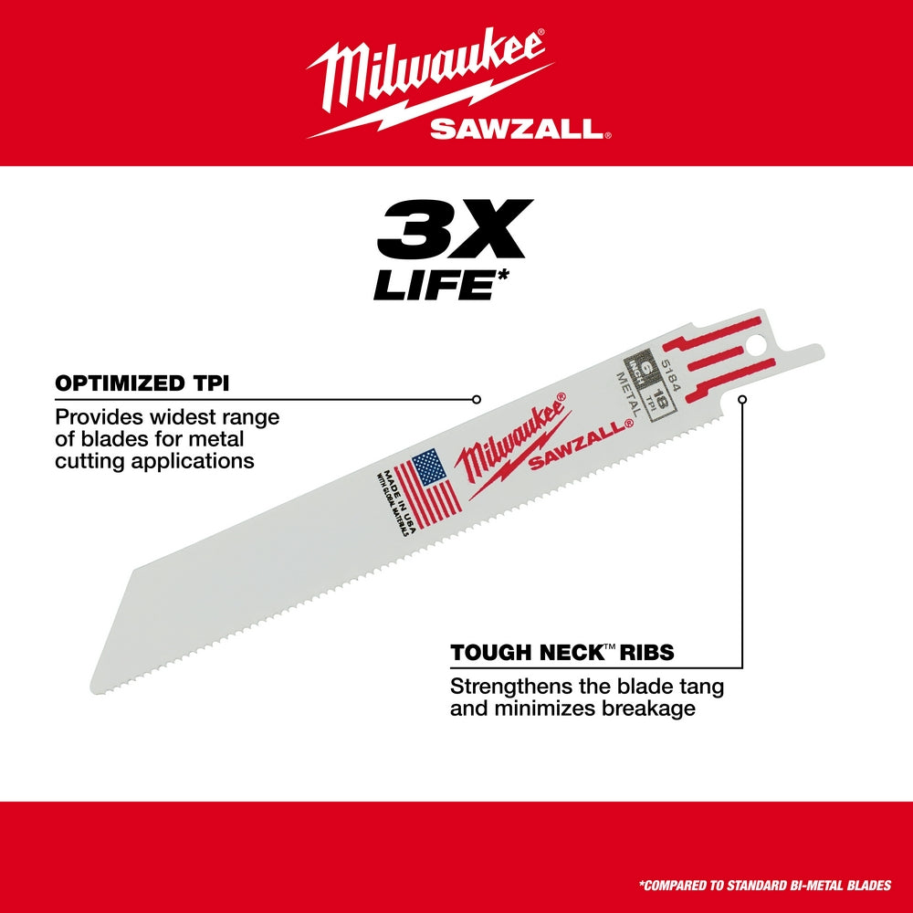 Milwaukee, 48-00-5184 Lames SAWZALL® 6" 18 TPI (paquet de 5)