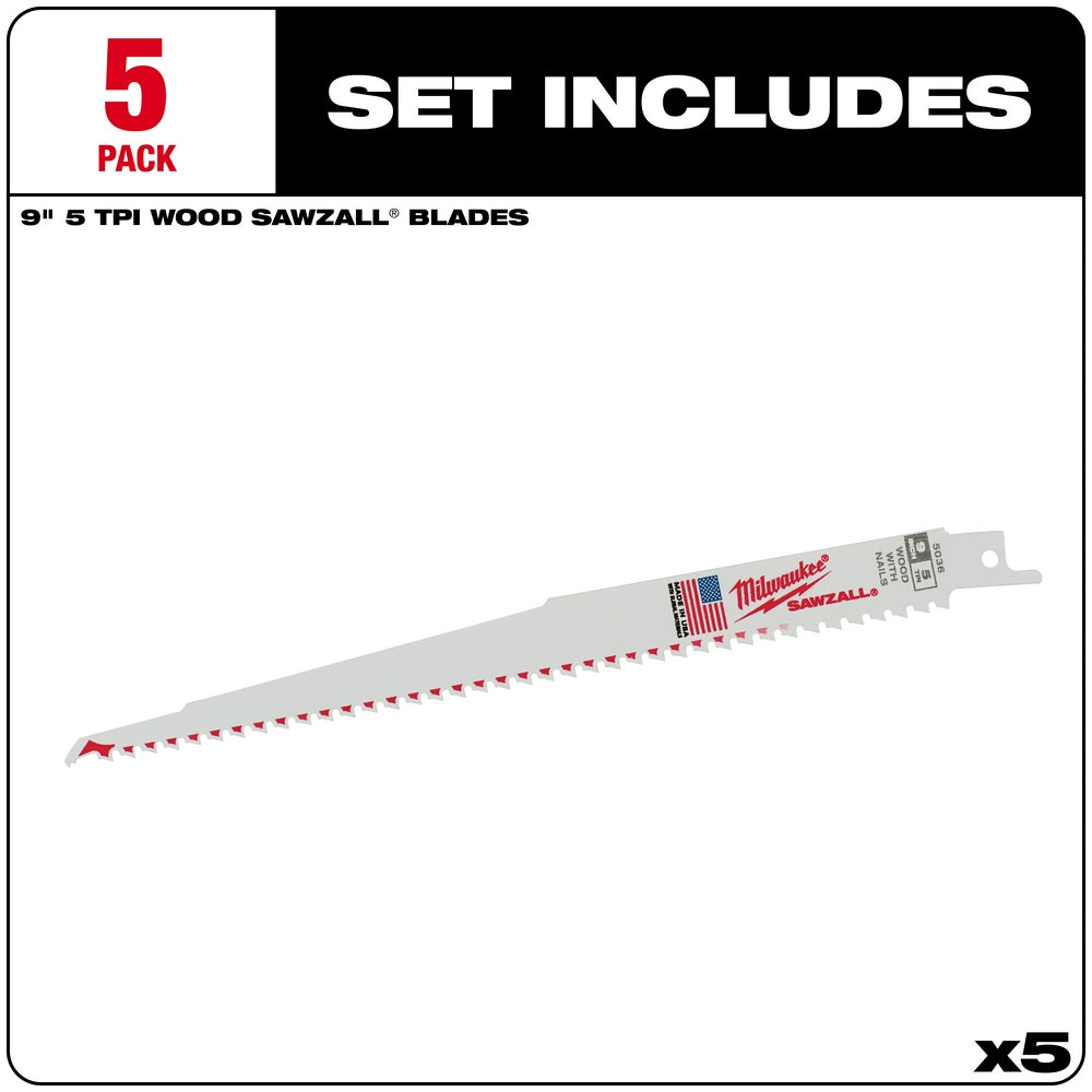 Milwaukee, 48-00-5036 9" 5TPI Sawzall Blades (5Pk)