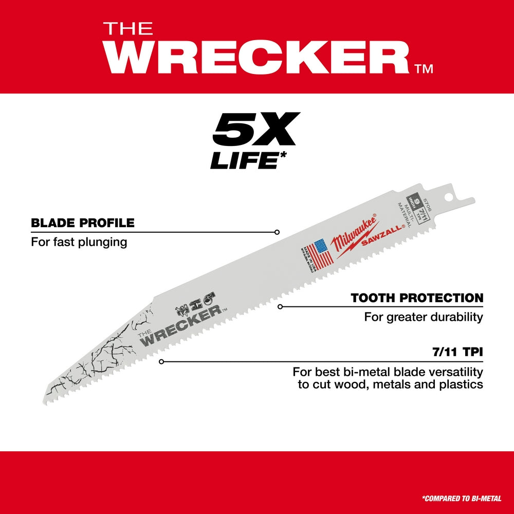 Milwaukee, 48-00-5706 The Wrecker Multi-Material SAWZALL Blade 9 in. 7/11TPI (5 pk)