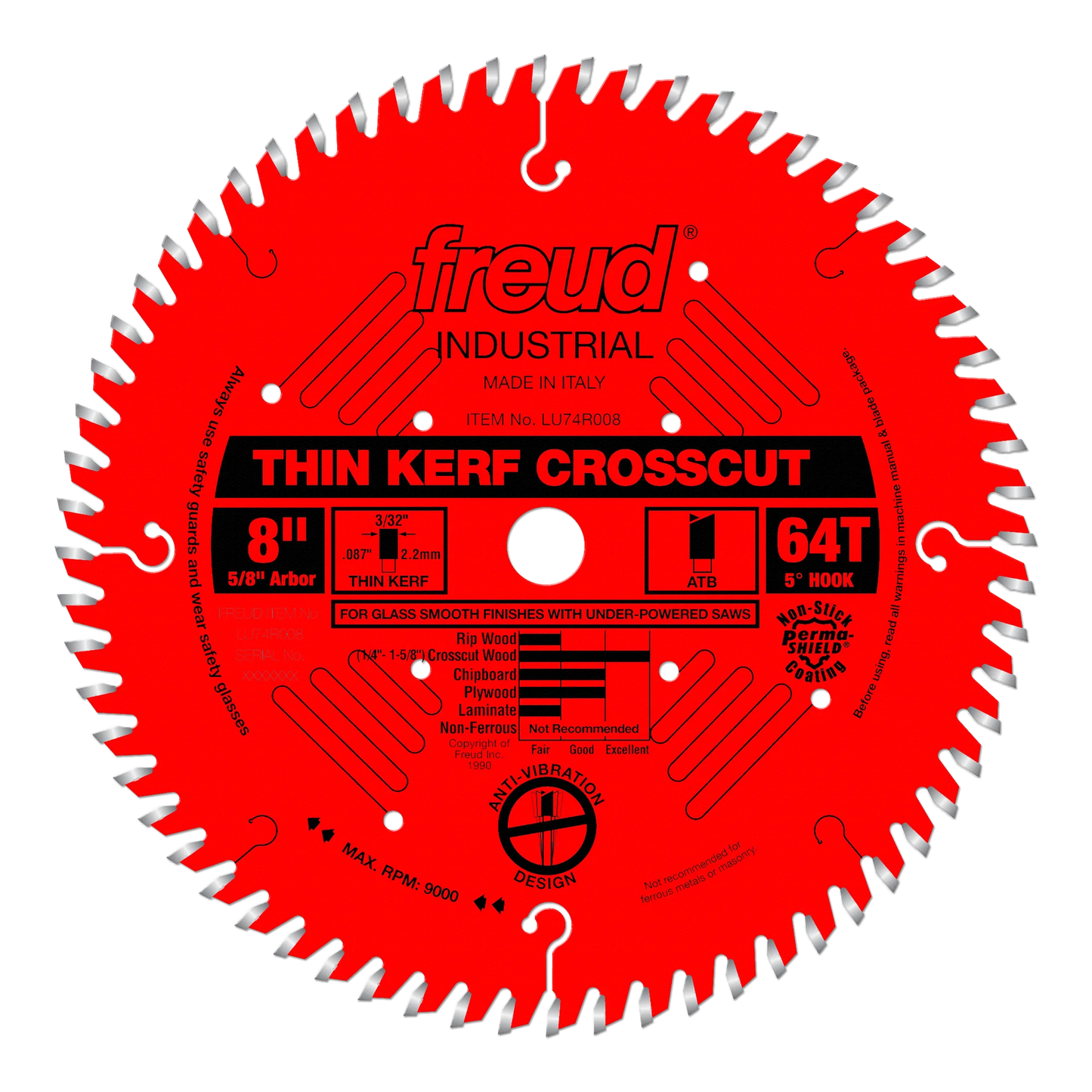 Freud LU74R008 Lame de scie à trait fin ATB 8" 64 dents avec arbre de 5/8" avec revêtement PermaShield 24043