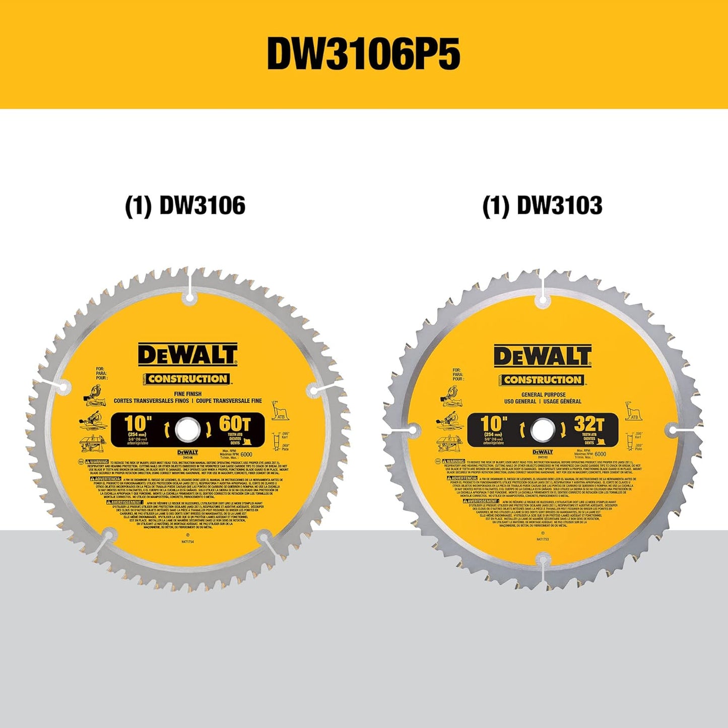 DeWalt DW3106P5 Lames de scie 2pk Lame de scie transversale 10 pouces 60 dents et 10 pouces 32 dents générales