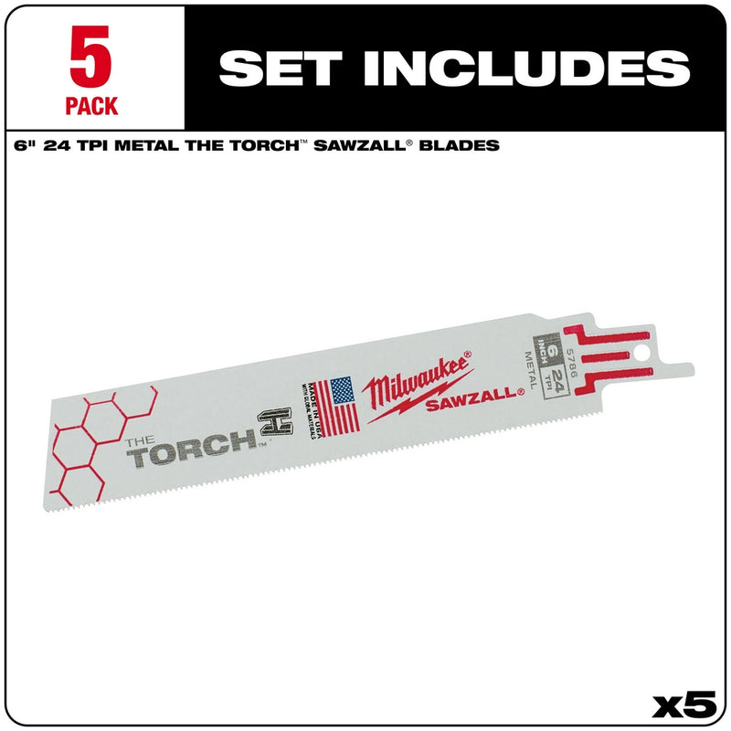 Milwaukee, 48-00-5786 6 in. 24 TPI THE TORCH SAWZALL Blades - 5 Pack