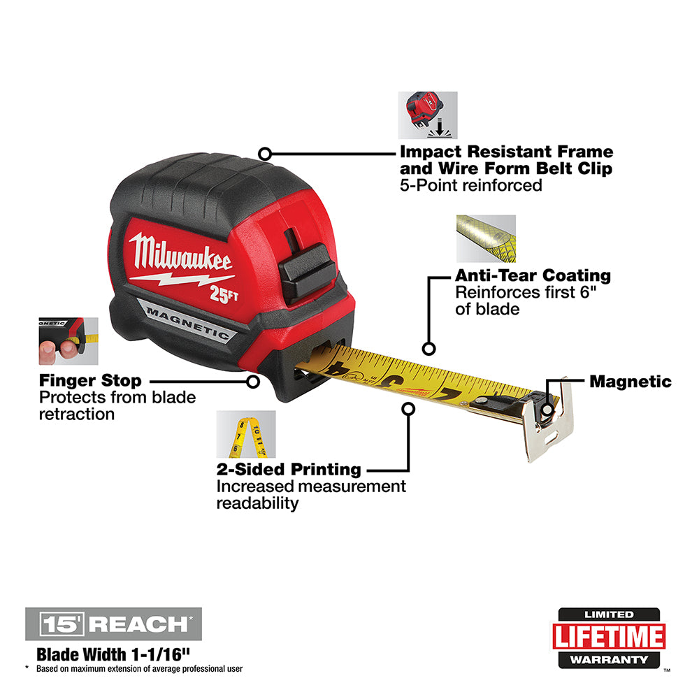 Milwaukee, 48-22-0325 25Ft Compact Magnetic Tape Measure