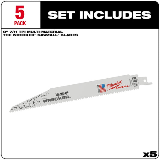 Milwaukee, 48-00-5706 The Wrecker Multi-Material SAWZALL Blade 9 in. 7/11TPI (5 pk)