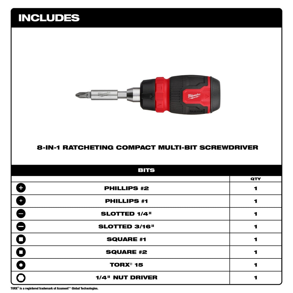 Milwaukee, 48-22-2913 Tournevis multi-embouts compact à cliquet 8 en 1