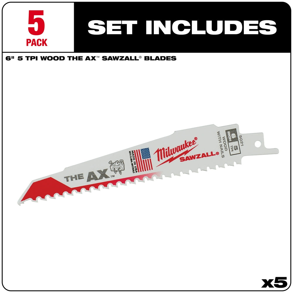 Milwaukee, 48-00-5021 6 in. 5 TPI the Ax SAWZALL Blades - 5 Pack