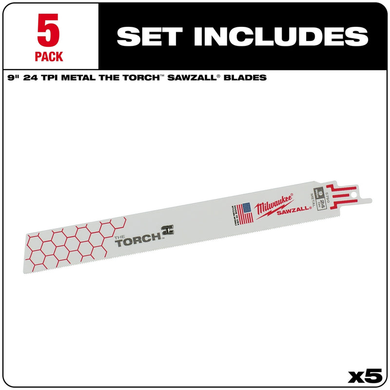 Milwaukee, 48-00-5790 9 in. 24 TPI THE TORCH SAWZALL Blades - 5 Pack