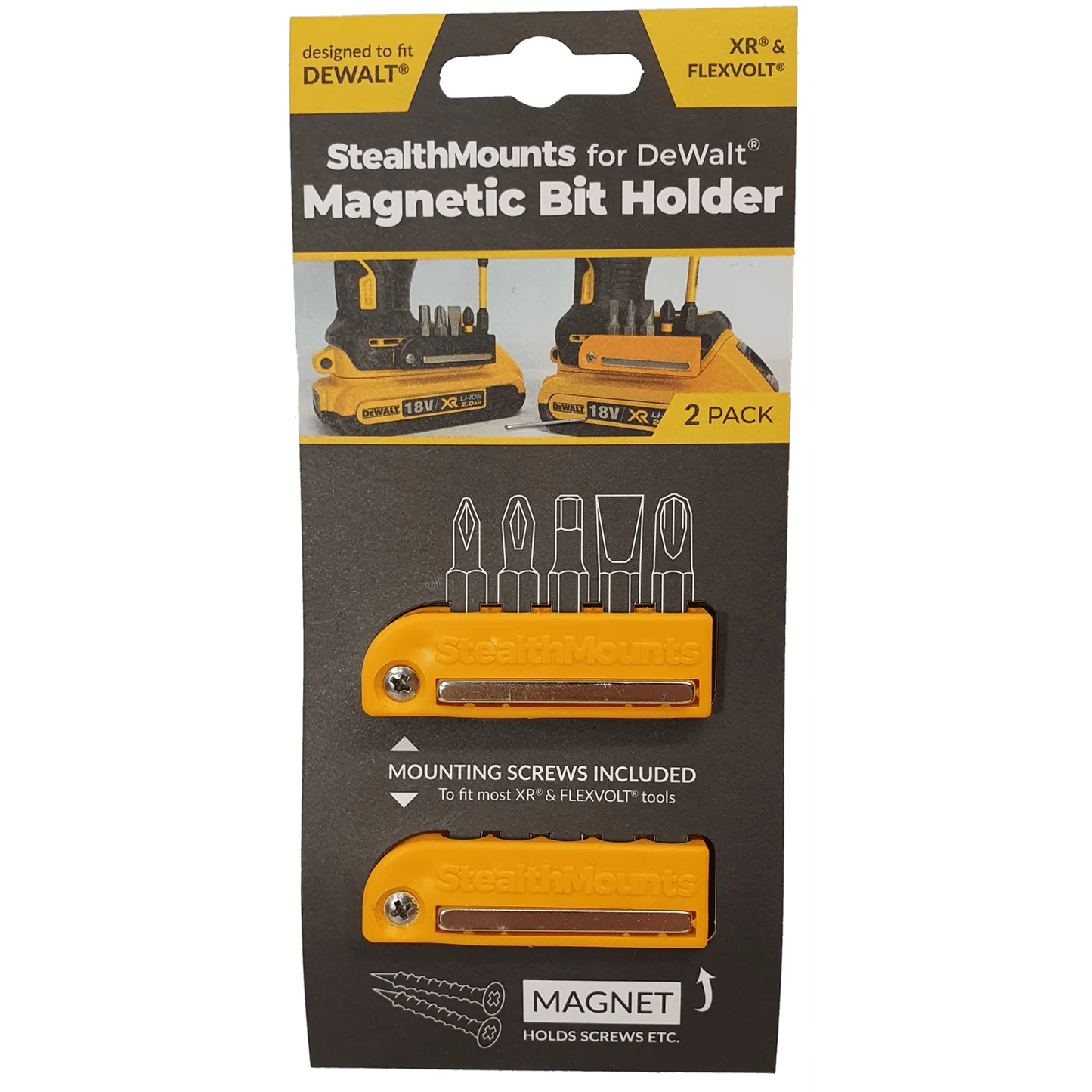 StealthMounts, BH-DW-YLW-2 StealthMounts Magnetic Bit Holder for Dewalt 12v and 20v XR & Flexvolt Tools