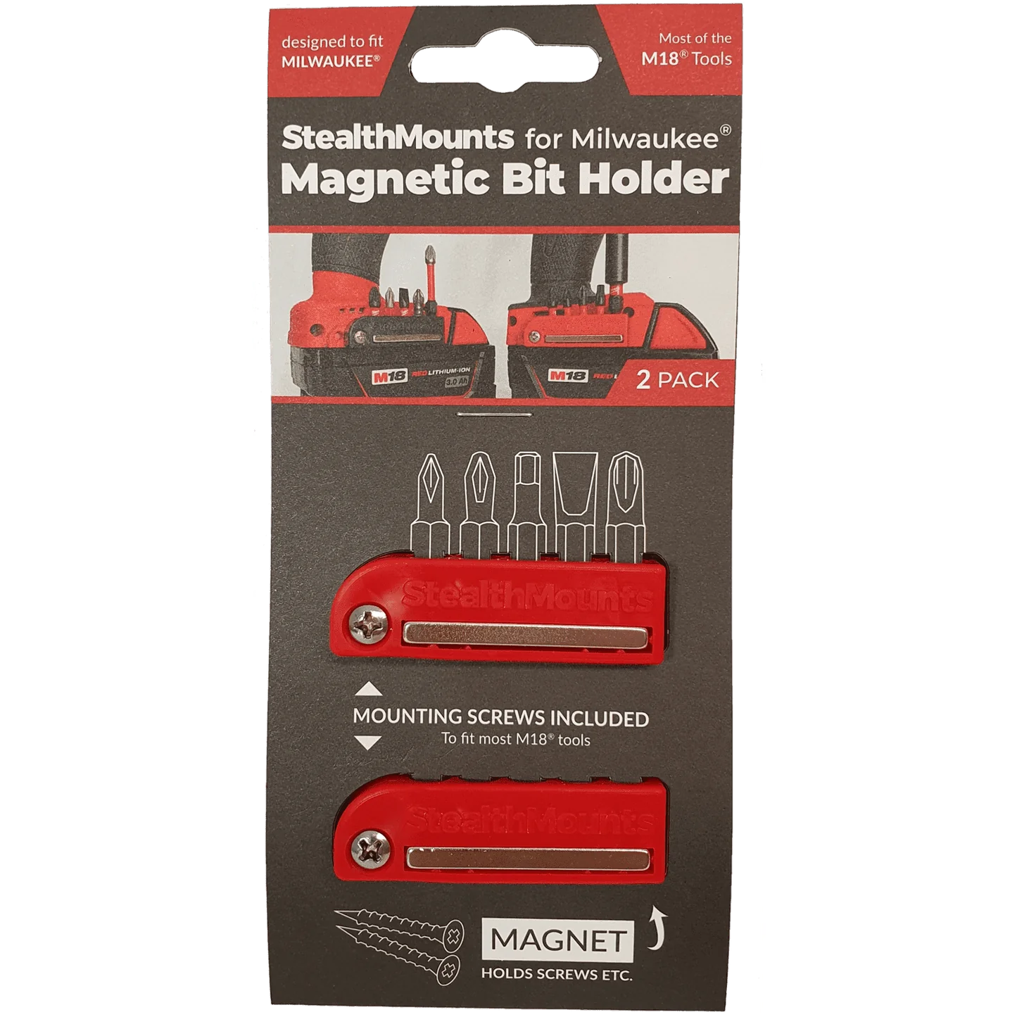 StealthMounts, BH-MW12-RED-2 Magnetic Bit Holder for Milwaukee M12 Tools