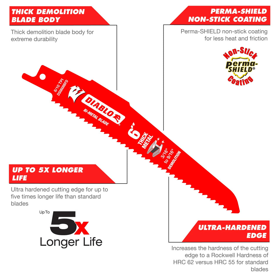 Diablo, DS0908BD5C 9" 8/10TPI Bi-Metal Reciprocating Saw Blades for Thick Metal