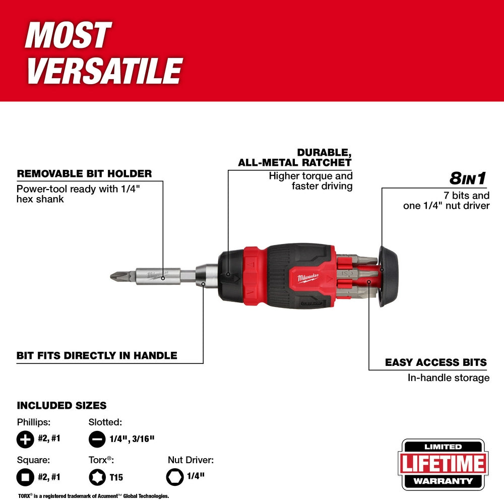 Milwaukee, 48-22-2913 Tournevis multi-embouts compact à cliquet 8 en 1