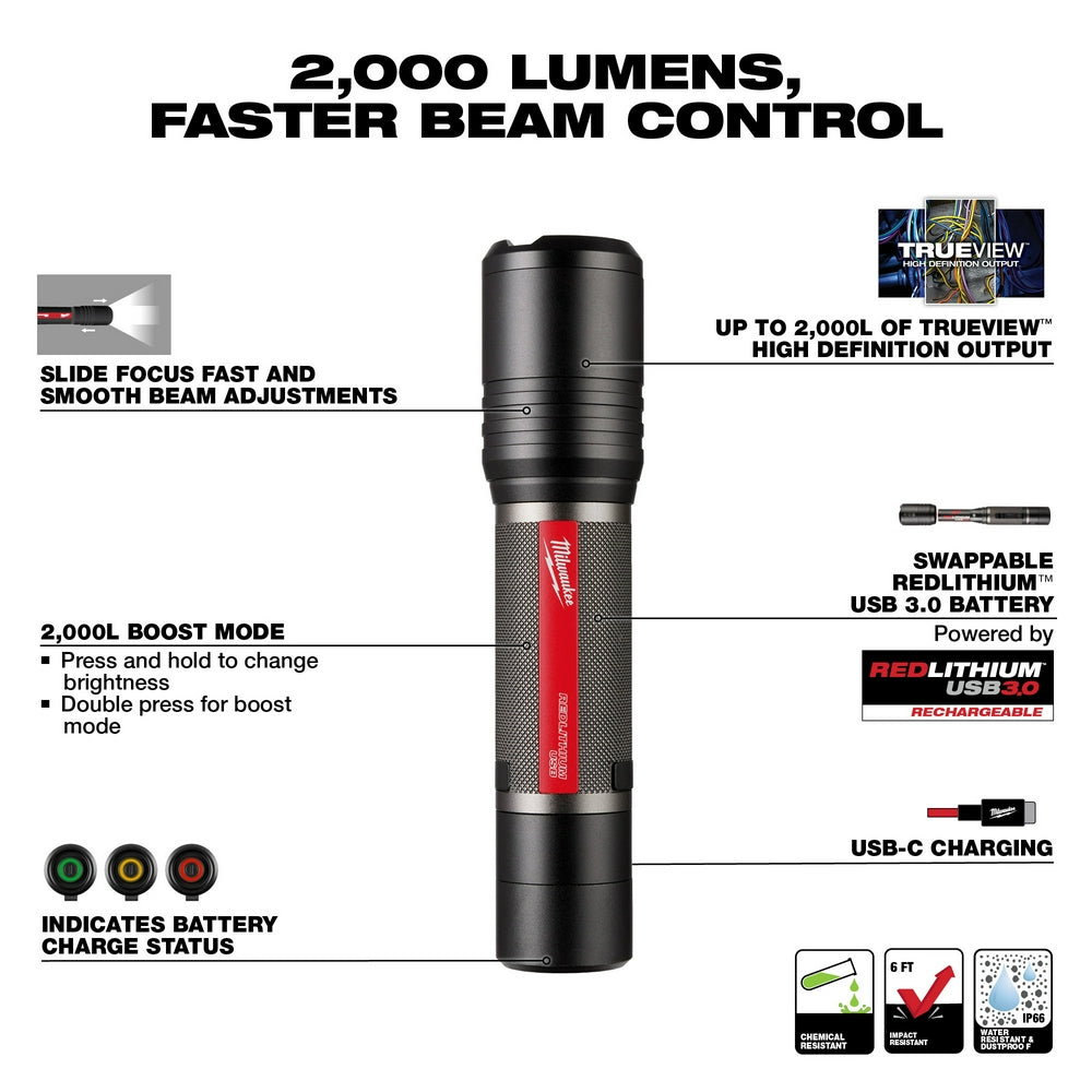 Milwaukee, 2162-21 REDLITHIUM USB 2,000 Lumen Slide Focus Flashlight