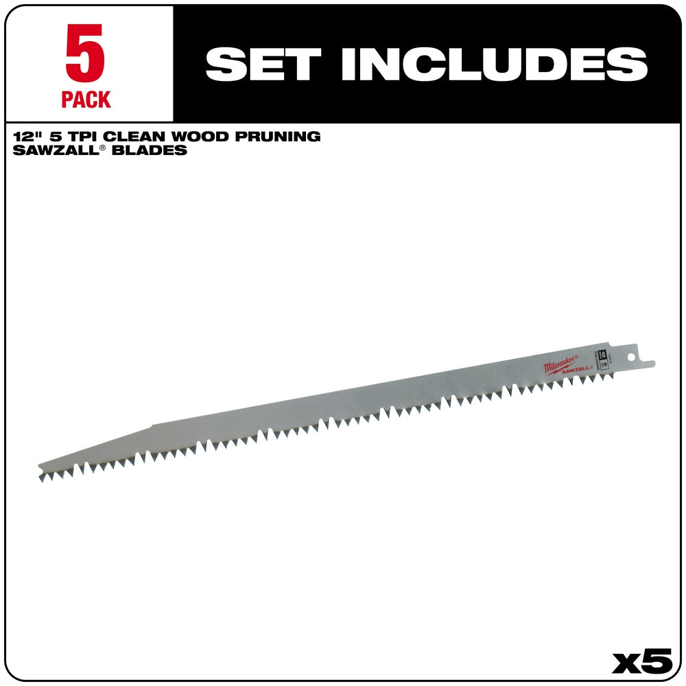 Milwaukee, 48-00-1303 12 in. 5 TPI Pruning SAWZALL Blades - 5 Pack