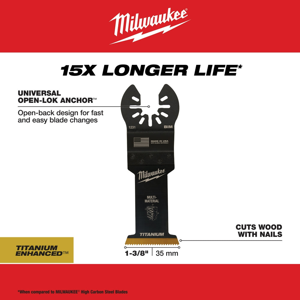 Milwaukee, 49-25-1231 MILWAUKEE® OPEN-LOK™ 1-3/8" TITANIUM CHARGED™ Bi-Metal Multi-Material Multi-Tool Blade