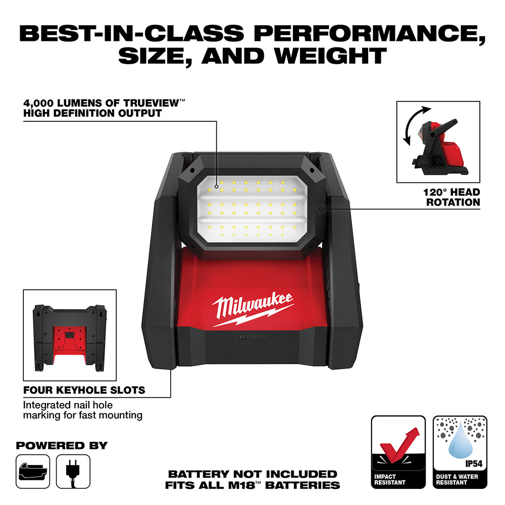 Milwaukee, 2366-20 M18 18 Volt Lithium-Ion Cordless ROVER Dual Power Flood Light - Tool Only