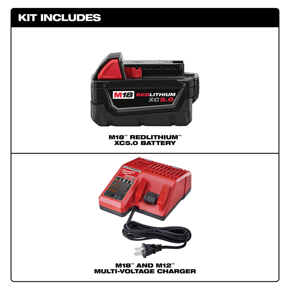 Milwaukee, 48-59-1850 M18 Kit de démarrage batterie et chargeur sans fil REDLITHIUM XC 5,0 Ah au lithium-ion 18 V