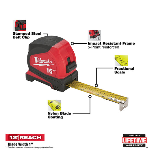 Milwaukee, 48-22-6616 16 ft. Compact Tape Measure