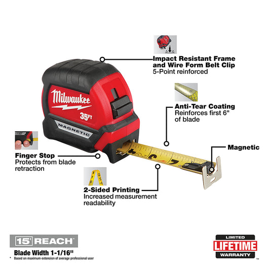 Milwaukee, 48-22-0335 35ft Compact Wide Blade Magnetic Tape Measure