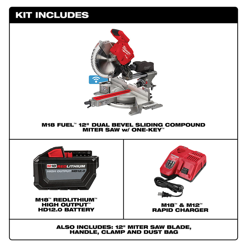 Milwaukee, 2739-21HD M18 FUEL 18 V Lithium-Ion sans balais sans fil 12 po Kit de scie à onglets composée coulissante à double biseau