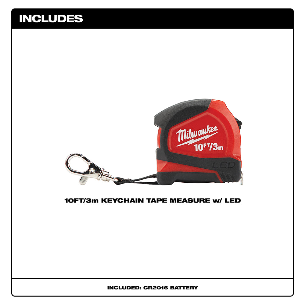 Milwaukee, 48-22-6601 Milwaukee 10ft / 3m Keychain Tape Measure with LED