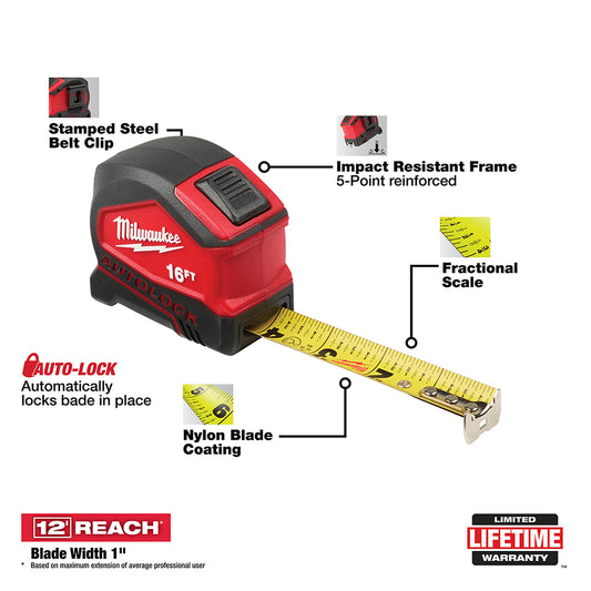 Milwaukee, 48-22-6816 16 ft. Compact Auto Lock Tape Measure