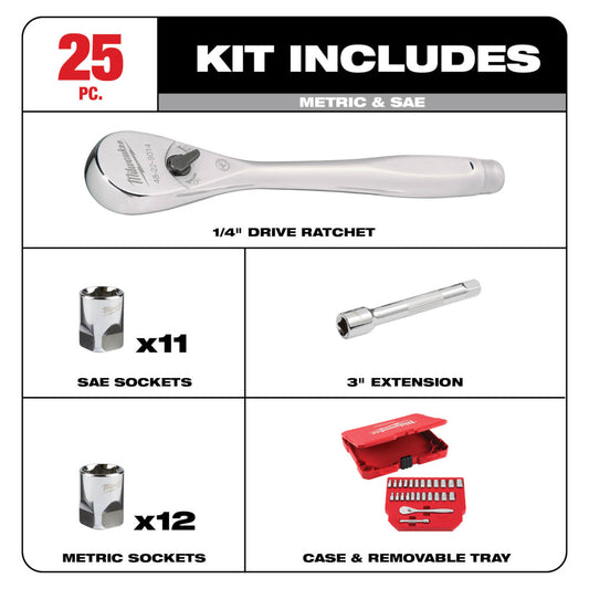 Milwaukee, 48-22-9044 1/4" Drive Metric & SAE Ratchet and Socket Set (25 pc)