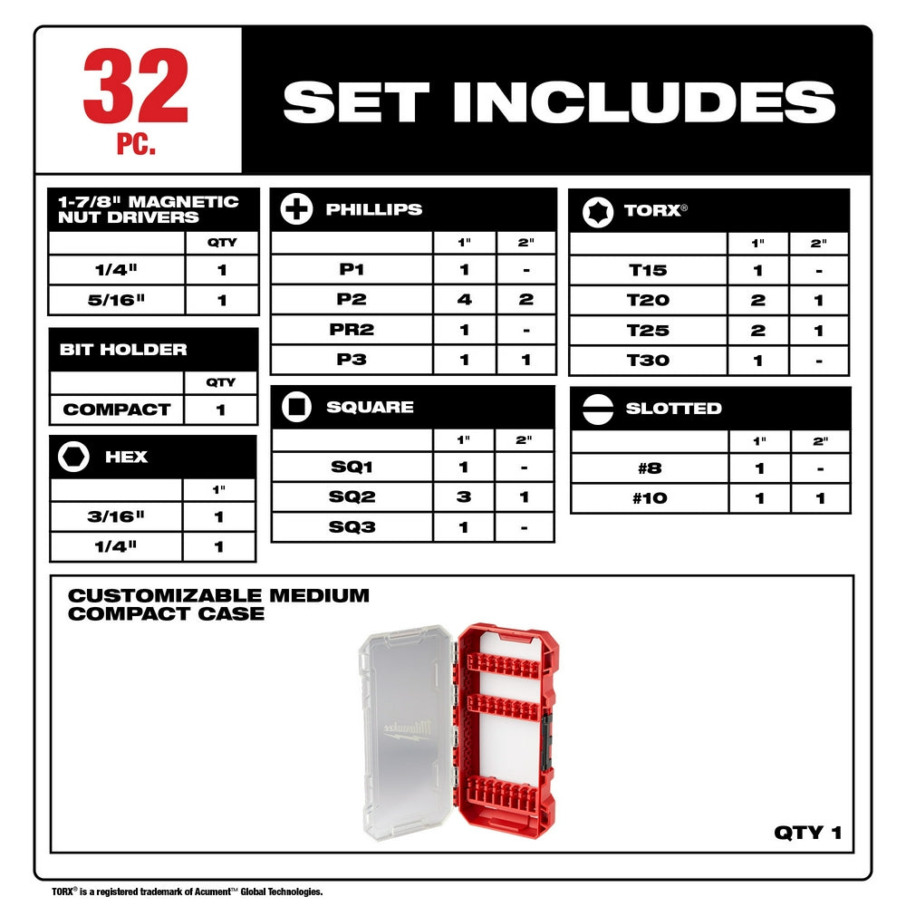 Milwaukee, 48-32-4004 Jeu d'embouts de tournevis SHOCKWAVE Impact Duty™ (32 pièces)