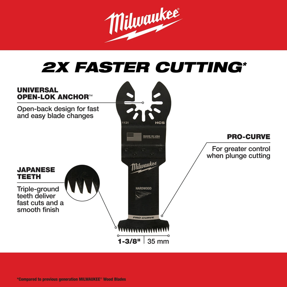 Milwaukee, 49-25-1131 MILWAUKEE® OPEN-LOK™ 1-3/8" HCS Japanese Tooth PRO-CURVE™ Hardwood Multi-Tool Blade