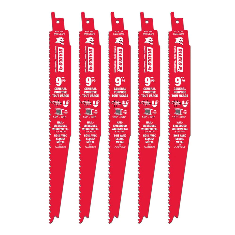 Diablo, DS0914BGP5C 9" 8/14 Tooth Multi Purpose Reciprocating Saw Blades 5 Pack