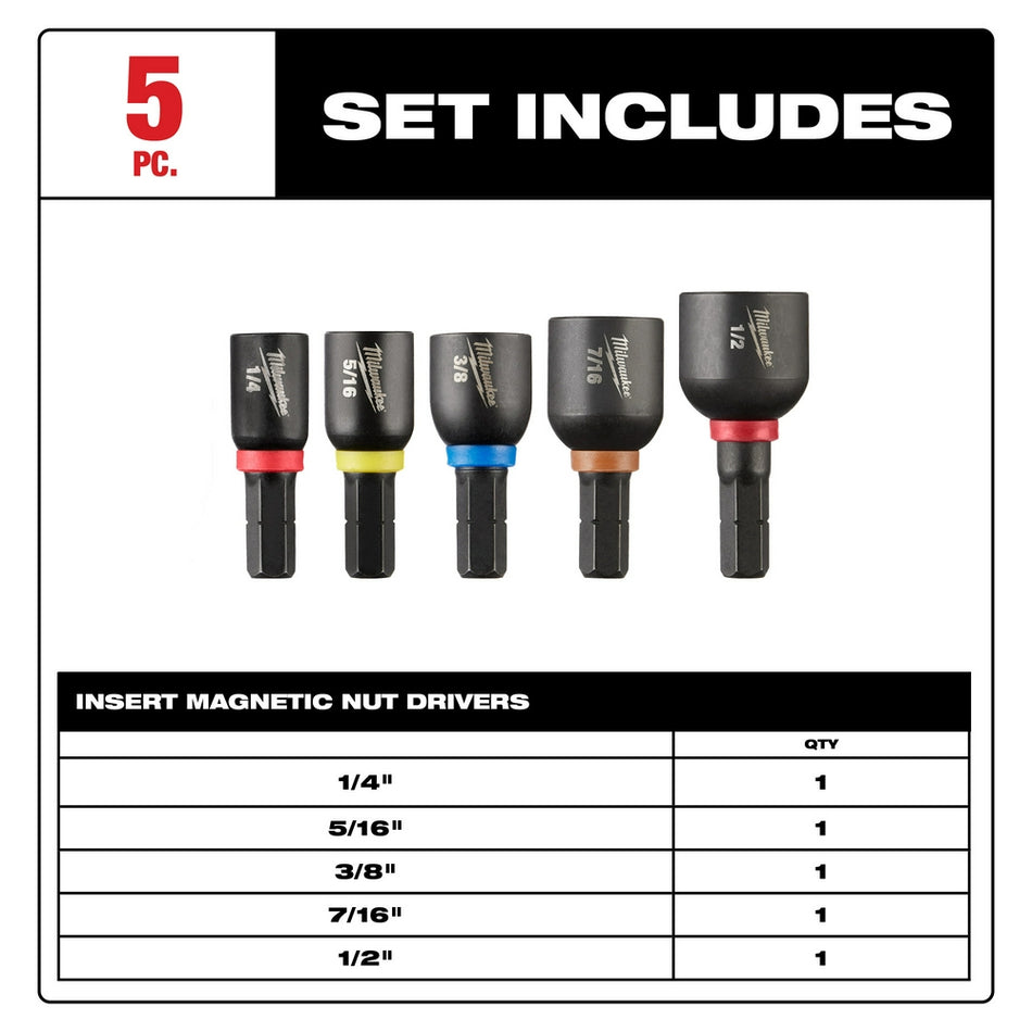 Milwaukee, 49-66-4563 Jeu de tourne-écrous magnétiques à insert SHOCKWAVE Impact Duty™ (5 pièces)