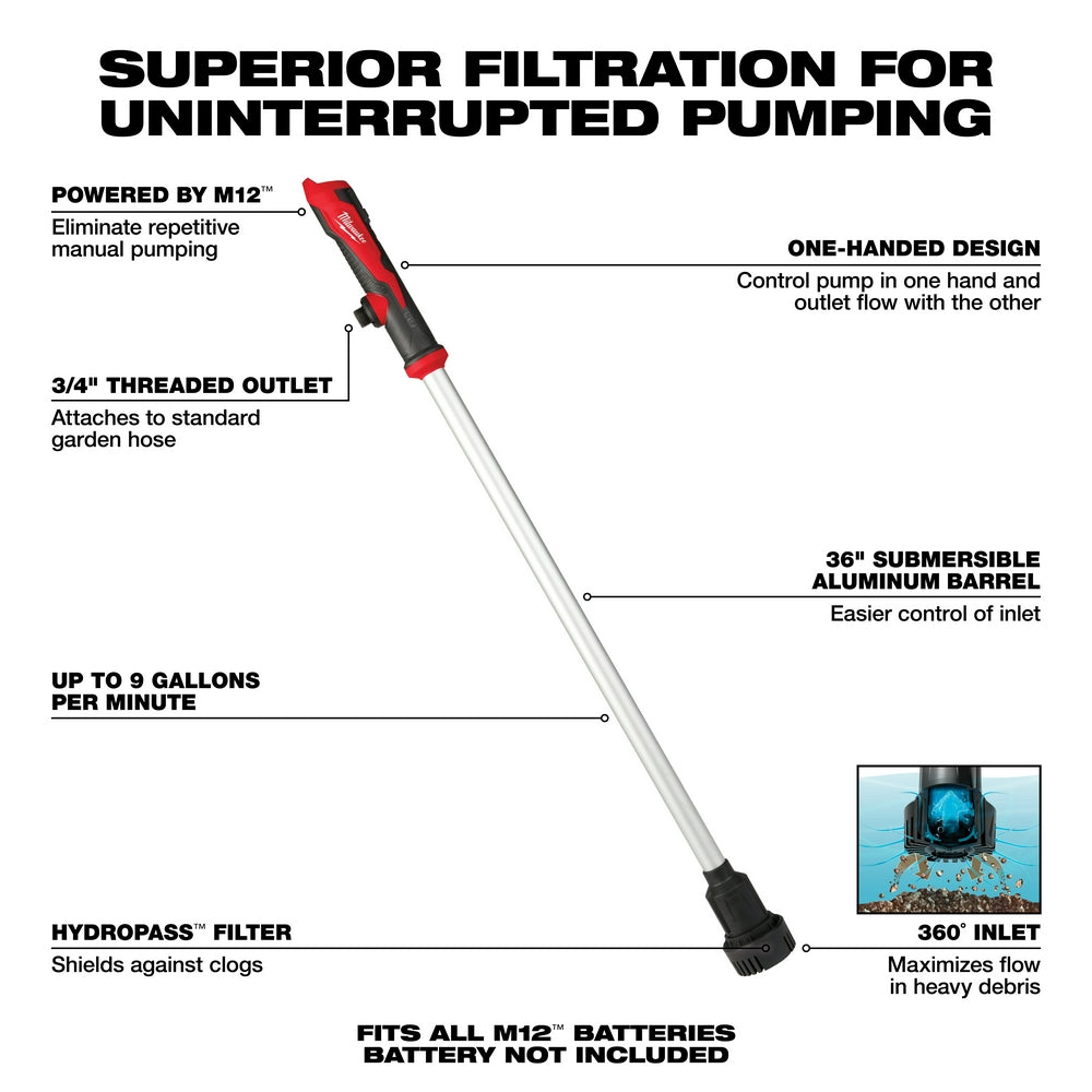 Milwaukee, 2579-20 M12 12 Volt Lithium-Ion Cordless Stick Transfer Pump - Tool Only