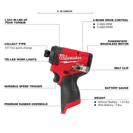 Milwaukee, 3453-20 M12 Fuel 12V 1/4" Visseuse à percussion sans fil Lithium-ion (outil uniquement)