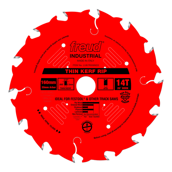 Freud LU87R006M20 Perma-Shield Coated Thin Kerf Rip Saw Blade for Festool Saws, 20mm Arbor 160mm by 14-Teeth ATB